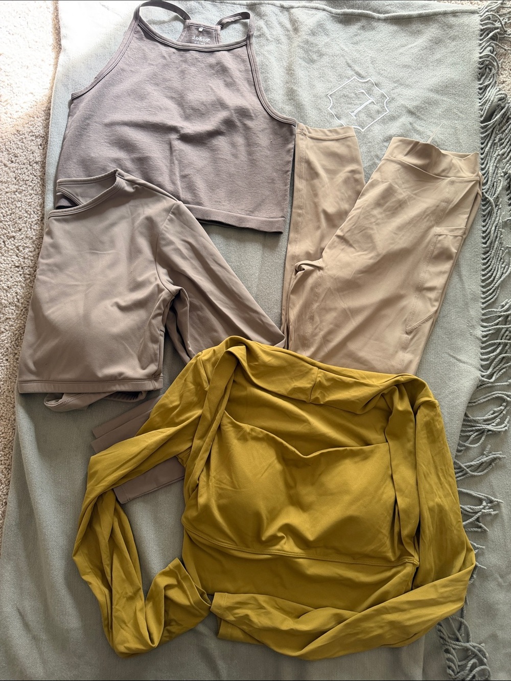 Amazon Women's Neutral Taupe and Mustard Activewear Set